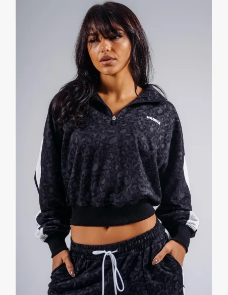 NEBBIA Polovičný zips mikina s leopardím vzorom PRIMAL čierna