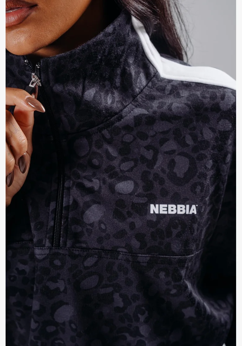 NEBBIA Polovičný zips mikina s leopardím vzorom PRIMAL čierna