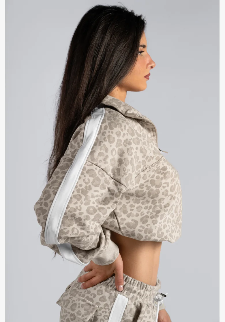 NEBBIA Polovičný zips mikina s leopardím vzorom PRIMAL krémová