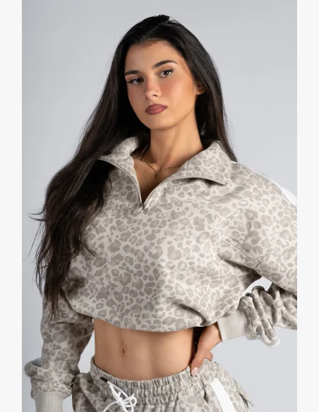 NEBBIA Polovičný zips mikina s leopardím vzorom PRIMAL krémová