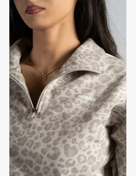 NEBBIA Polovičný zips mikina s leopardím vzorom PRIMAL krémová