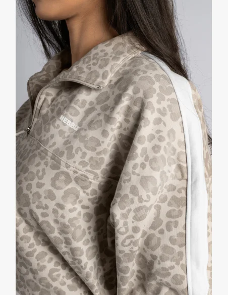 NEBBIA Polovičný zips mikina s leopardím vzorom PRIMAL krémová