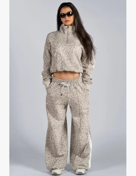 NEBBIA Polovičný zips mikina s leopardím vzorom PRIMAL krémová