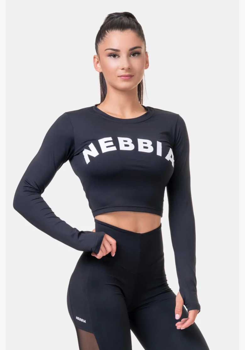 NEBBIA Sporty HERO crop top s dlhým rukávom čierna
