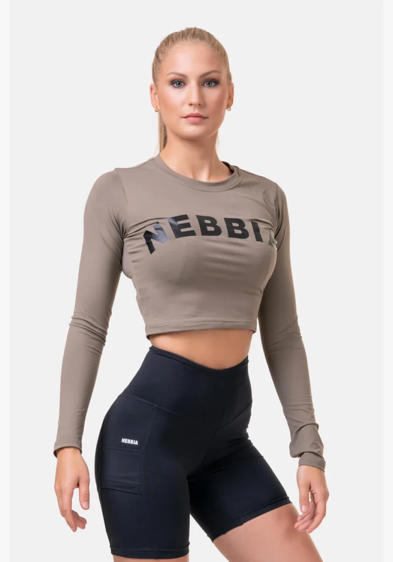 NEBBIA Sporty HERO crop top s dlhým rukávom mocha