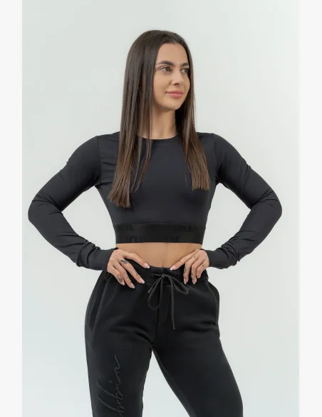 NEBBIA Dámsky crop top s dlhým rukávom INTENSE Perform čierna