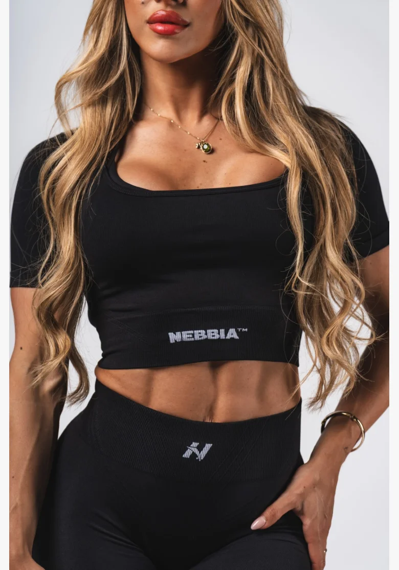 NEBBIA Tvarujúci bezšvový crop top FLOW SEAMLESS čierny