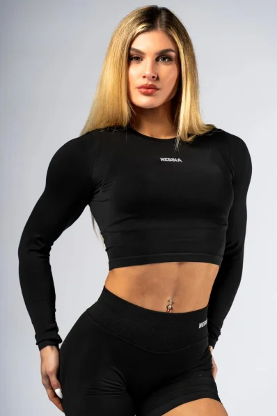 NEBBIA Seamless crop top s dlhým rukávom POWER čierny