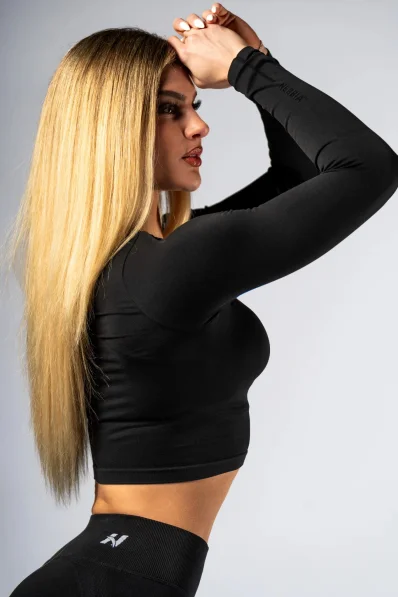 NEBBIA Seamless crop top s dlhým rukávom POWER čierny 2