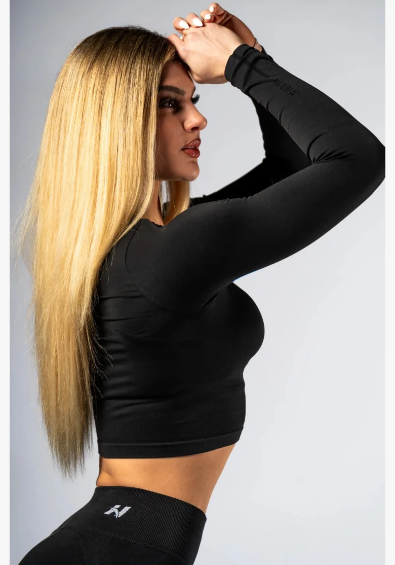 NEBBIA Seamless crop top s dlhým rukávom POWER čierny