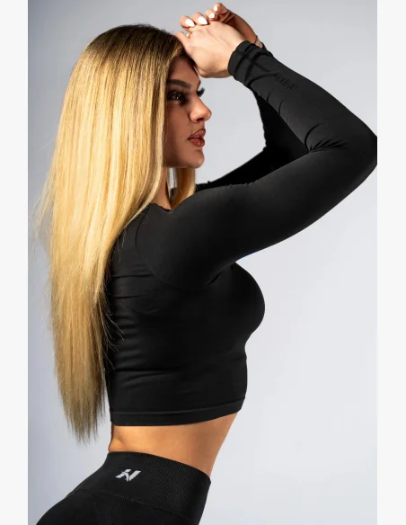 NEBBIA Seamless crop top s dlhým rukávom POWER čierny