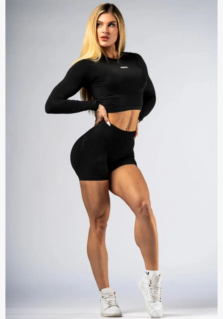 NEBBIA Seamless crop top s dlhým rukávom POWER čierny