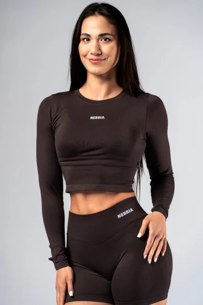 NEBBIA Seamless crop top s dlhým rukávom POWER hnedé