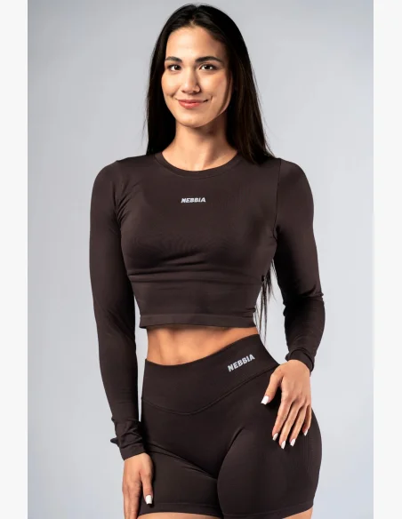 NEBBIA Seamless crop top s dlhým rukávom POWER hnedé