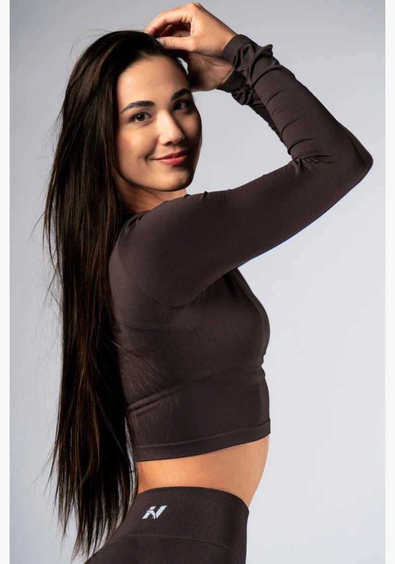 NEBBIA Seamless crop top s dlhým rukávom POWER hnedé