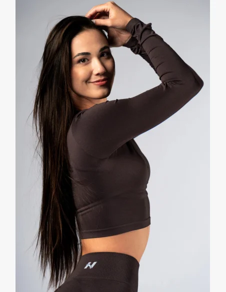 NEBBIA Seamless crop top s dlhým rukávom POWER hnedé