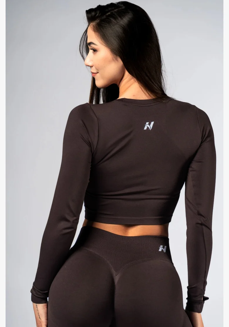 NEBBIA Seamless crop top s dlhým rukávom POWER hnedé