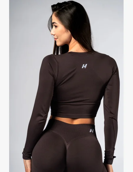 NEBBIA Seamless crop top s dlhým rukávom POWER hnedé