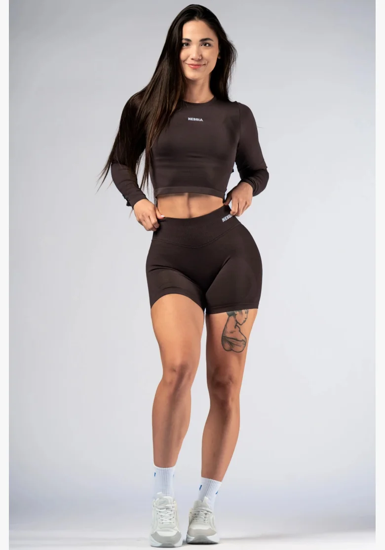NEBBIA Seamless crop top s dlhým rukávom POWER hnedé