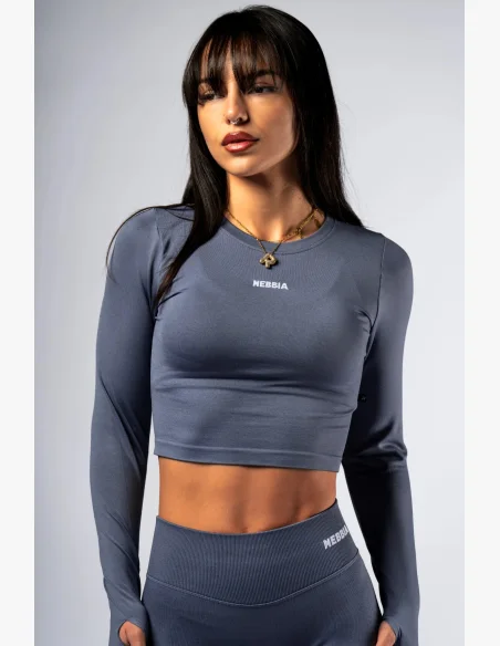 NEBBIA Seamless crop top s dlhým rukávom POWER sivý