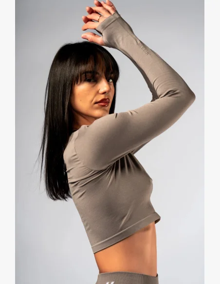 NEBBIA Seamless crop top s dlhým rukávom POWER béžový